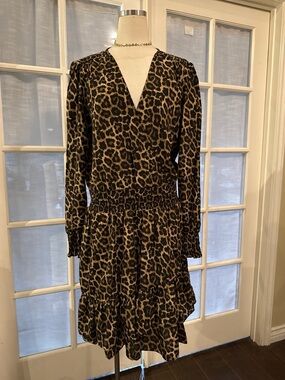MICHAEL Michael Kors Brown and Black Leopard Print Long Sleeve V-Neck Dress